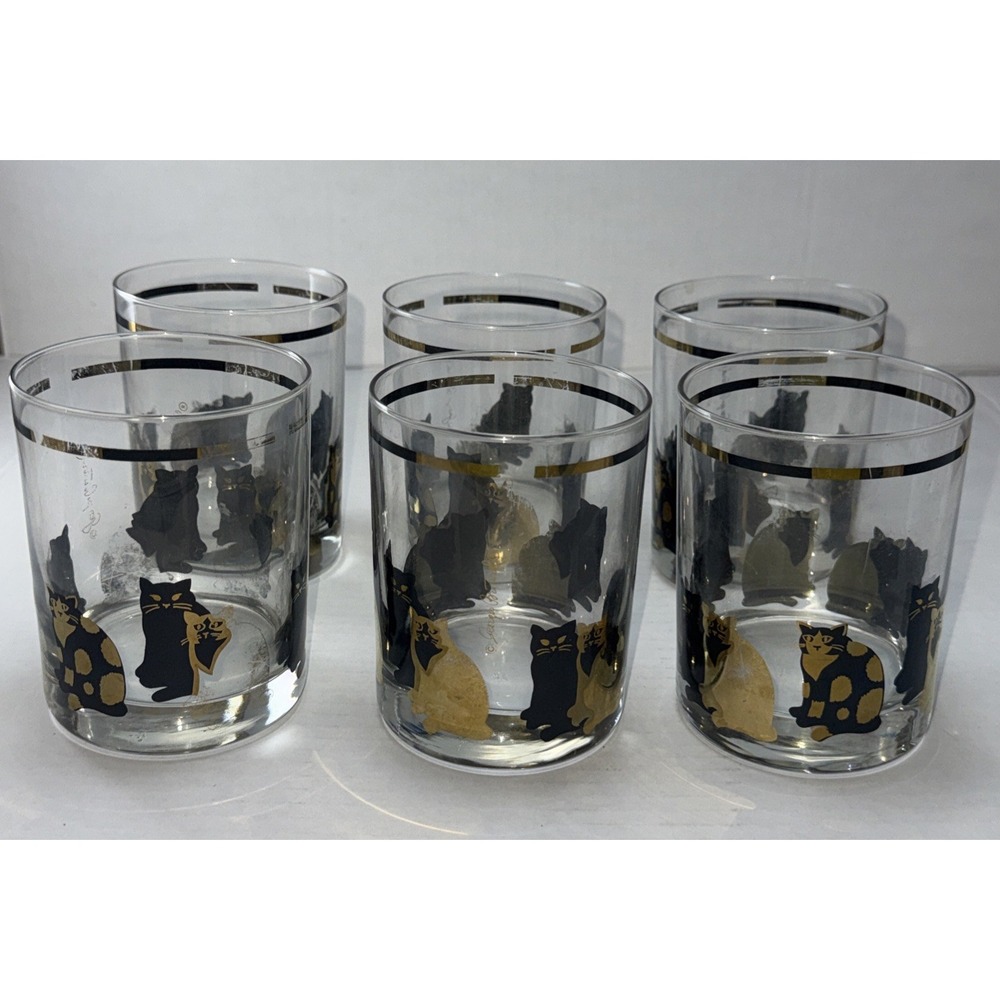 6 Georges Briard MCM Black/Gold Cat Low Ball Rock Glass Tumbler Set Signed